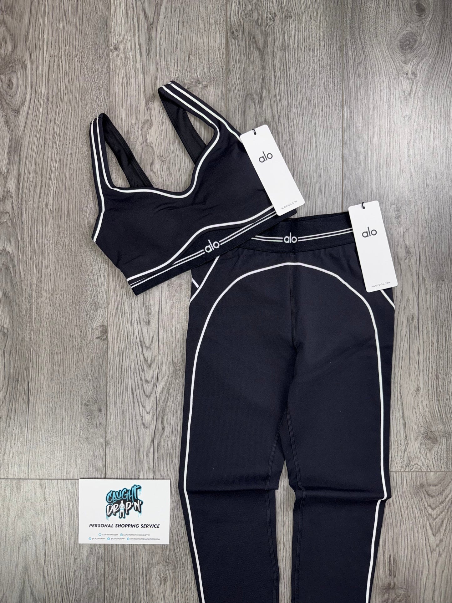 Women’s Alo High Waisted Black | White Bra & Leggings Set