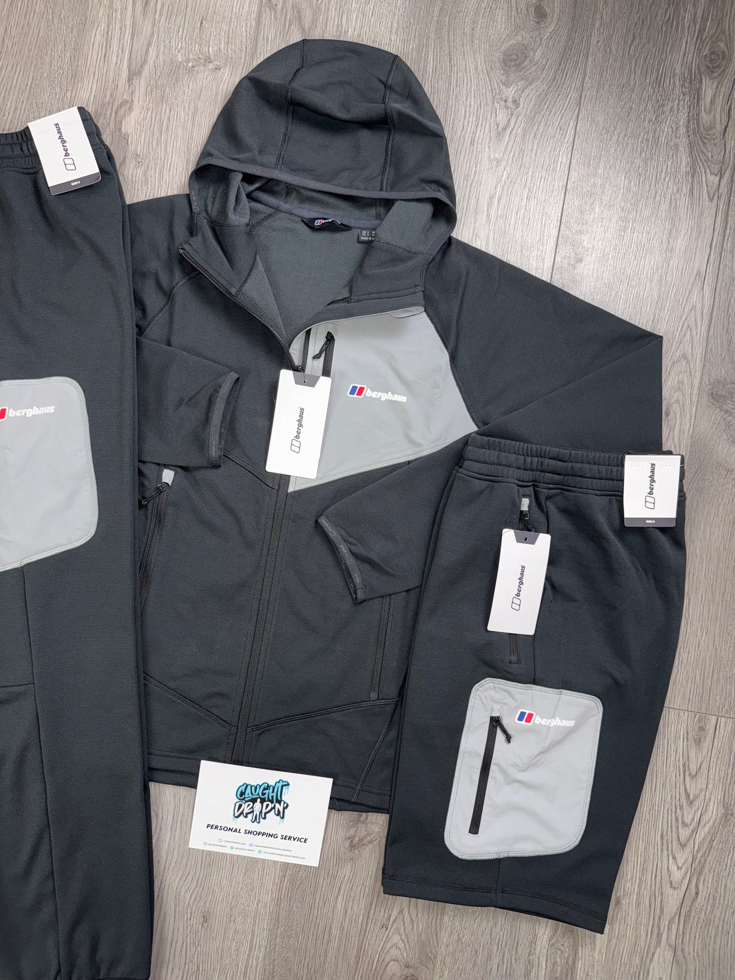 Berghaus 3 Piece Full Zip Black, Light Grey Tracksuit | Shorts Set