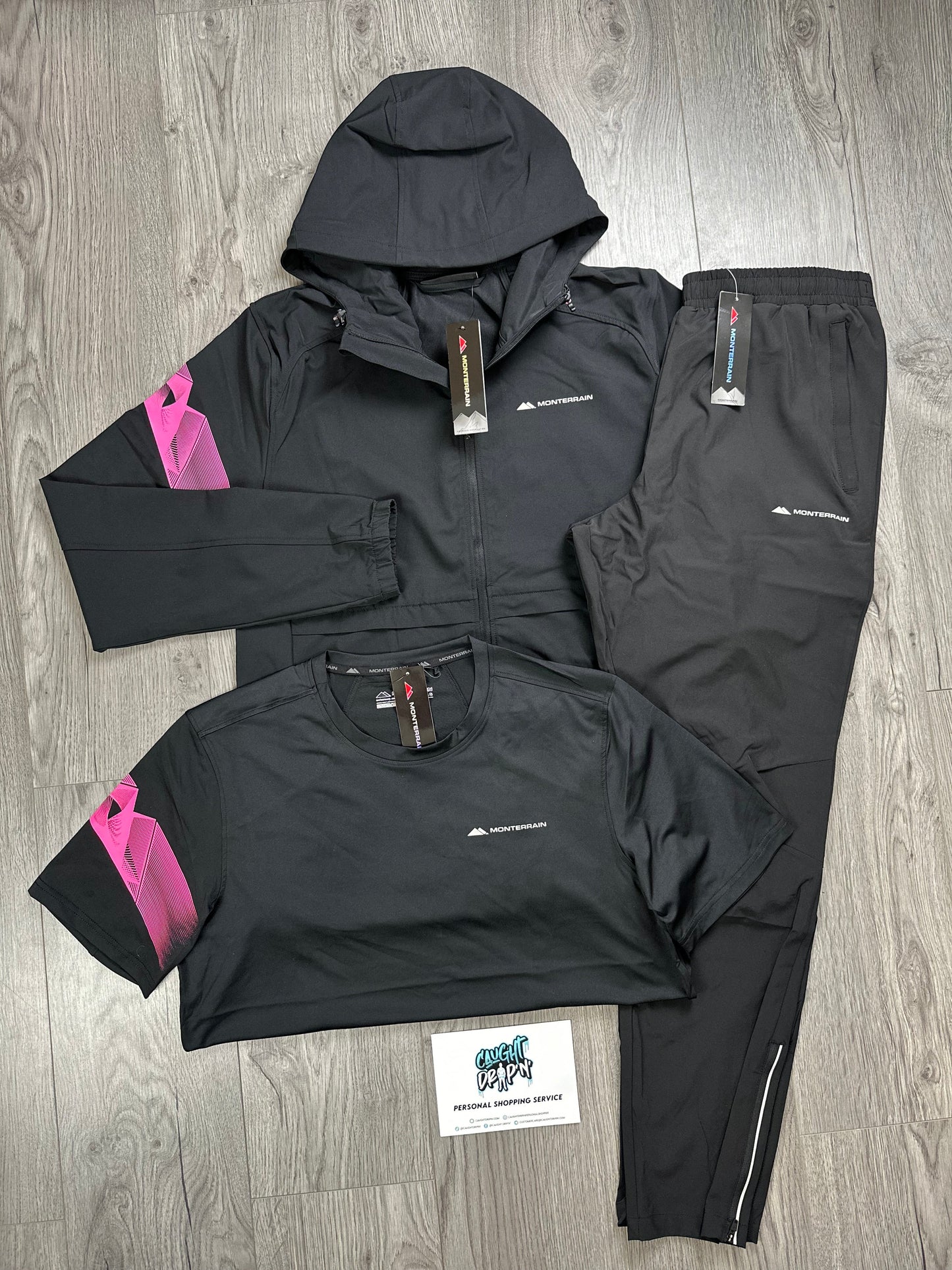 Monterrain 3 Piece Woven Stripe Tracksuit Black | Hot Pink