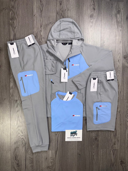 Berghaus 4 Piece Full Zip Light Grey, Baby Blue Tracksuit | Shorts Set