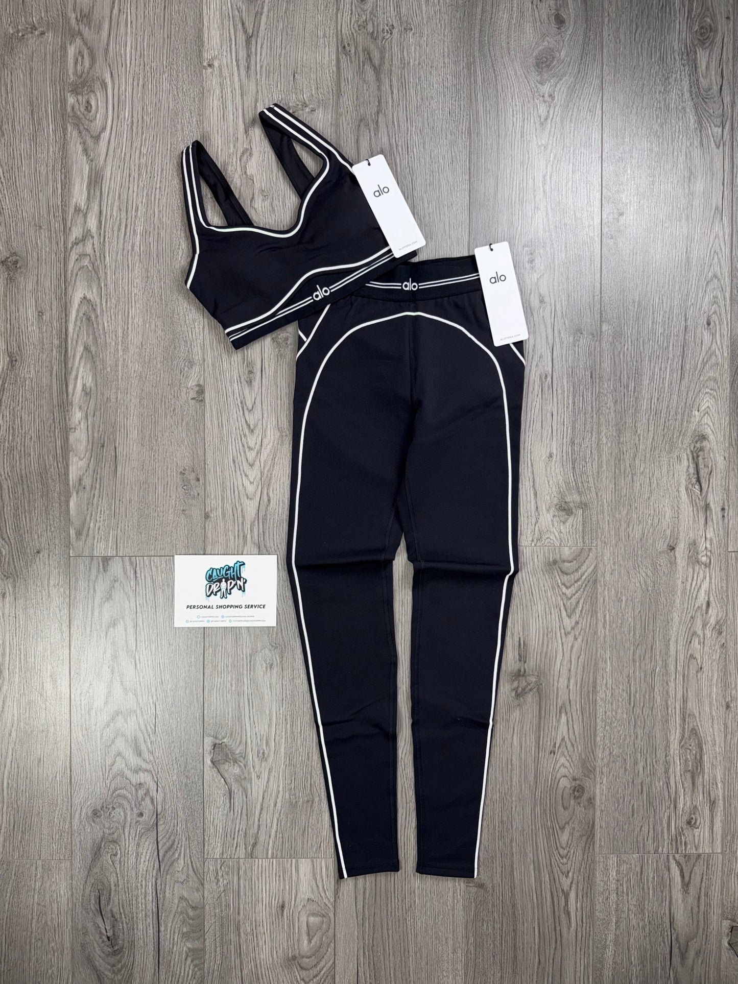 Women’s Alo High Waisted Black | White Bra & Leggings Set