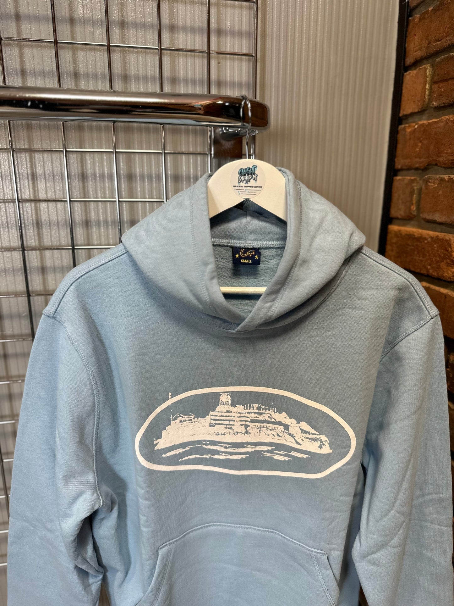 Corteiz Alcatraz White Logo, Baby Blue Hoodie