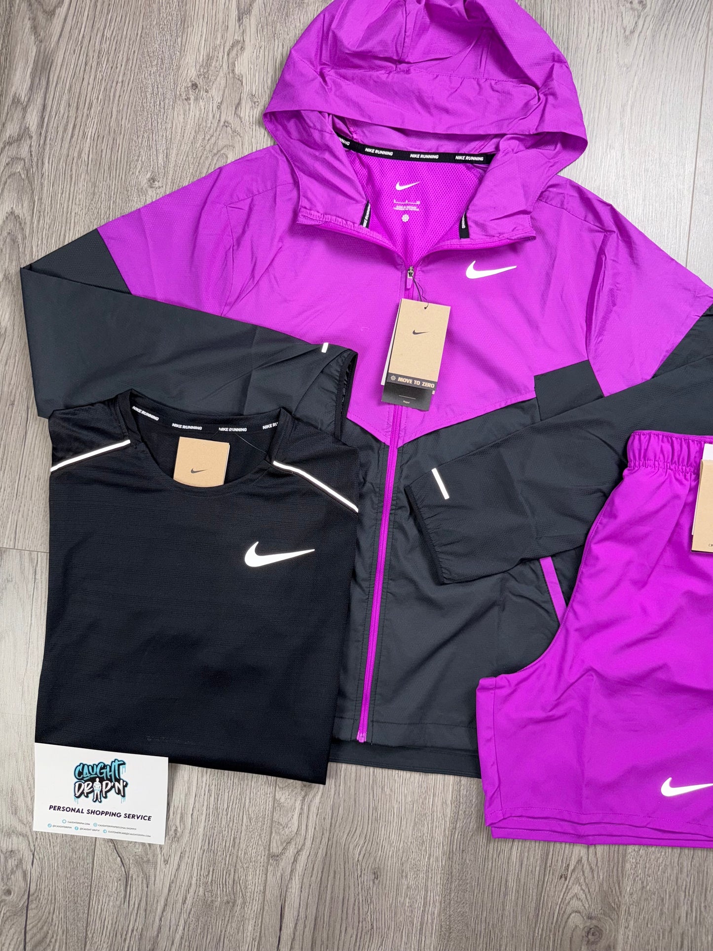 Nike 3 Piece Windrunner, Grape Purple Shorts | OG Black Miler Tee Set