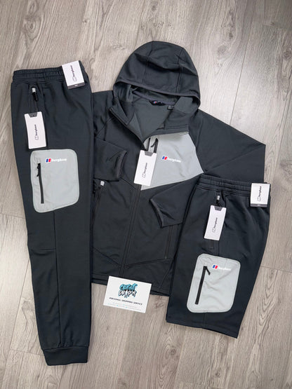 Berghaus 3 Piece Full Zip Black, Light Grey Tracksuit | Shorts Set