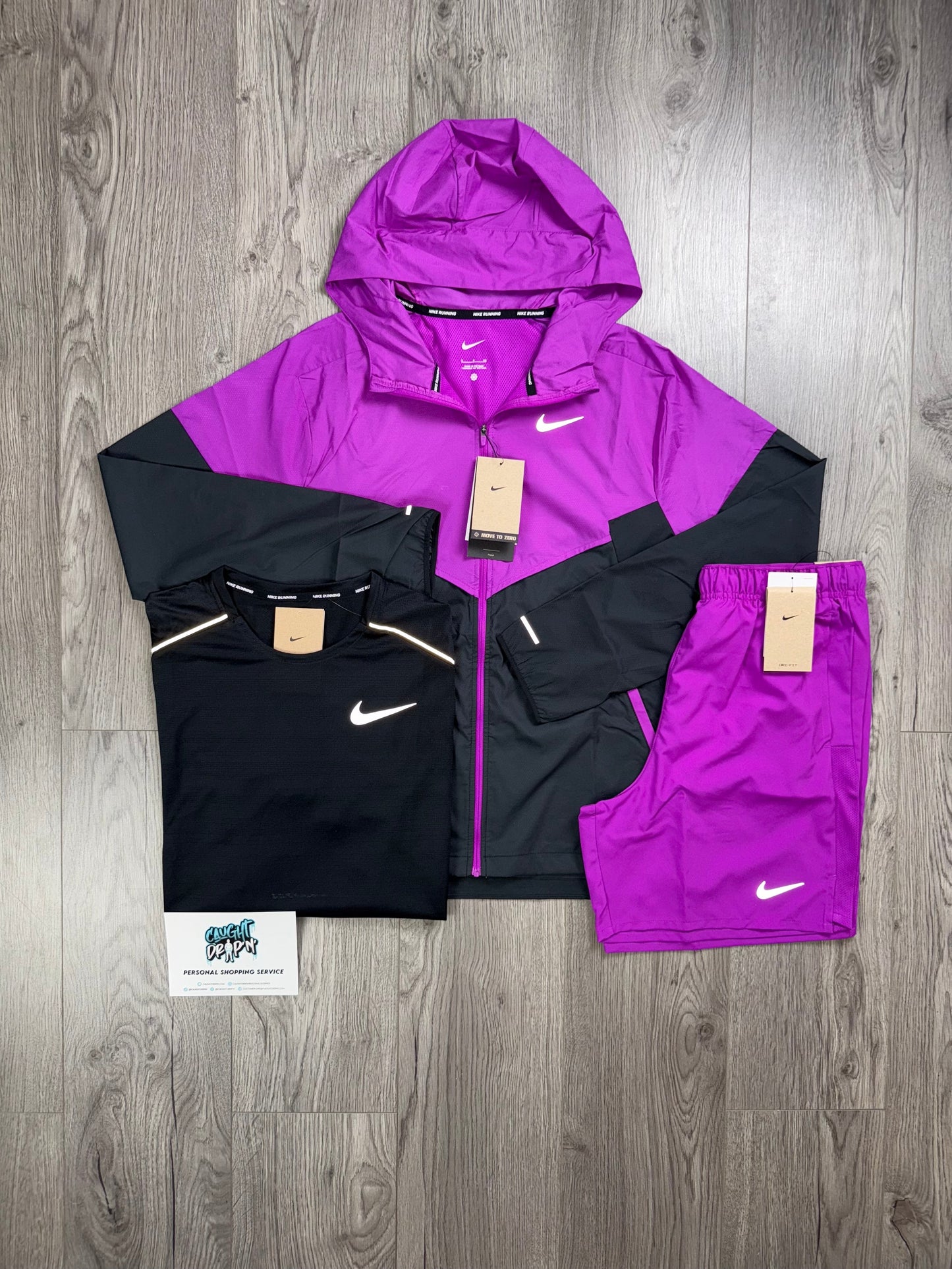 Nike 3 Piece Windrunner, Grape Purple Shorts | OG Black Miler Tee Set