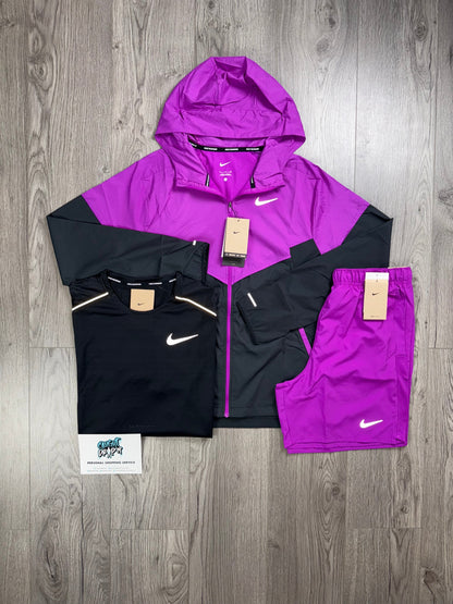 Nike 3 Piece Windrunner, Grape Purple Shorts | OG Black Miler Tee Set