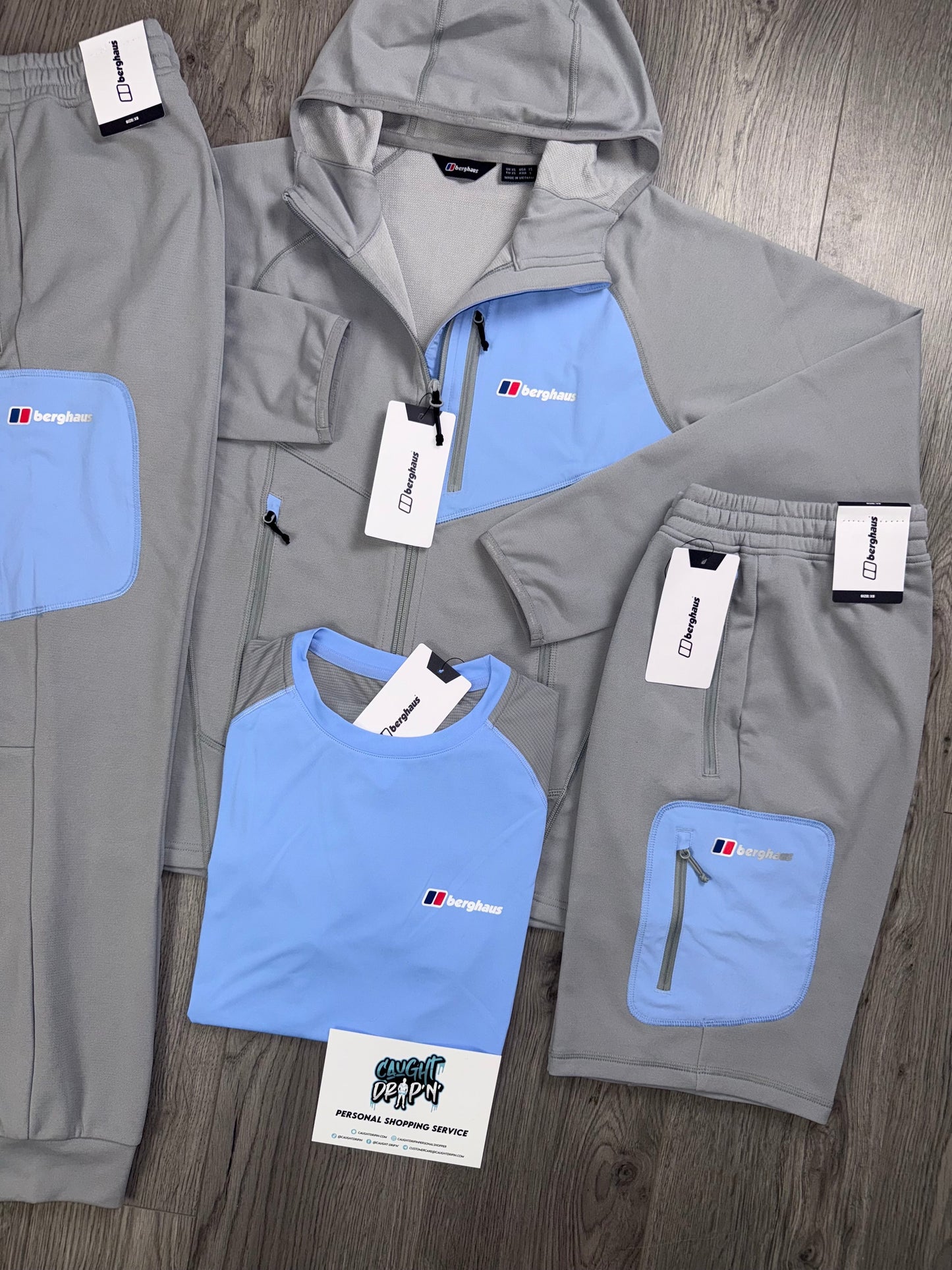 Berghaus 4 Piece Full Zip Light Grey, Baby Blue Tracksuit | Shorts Set