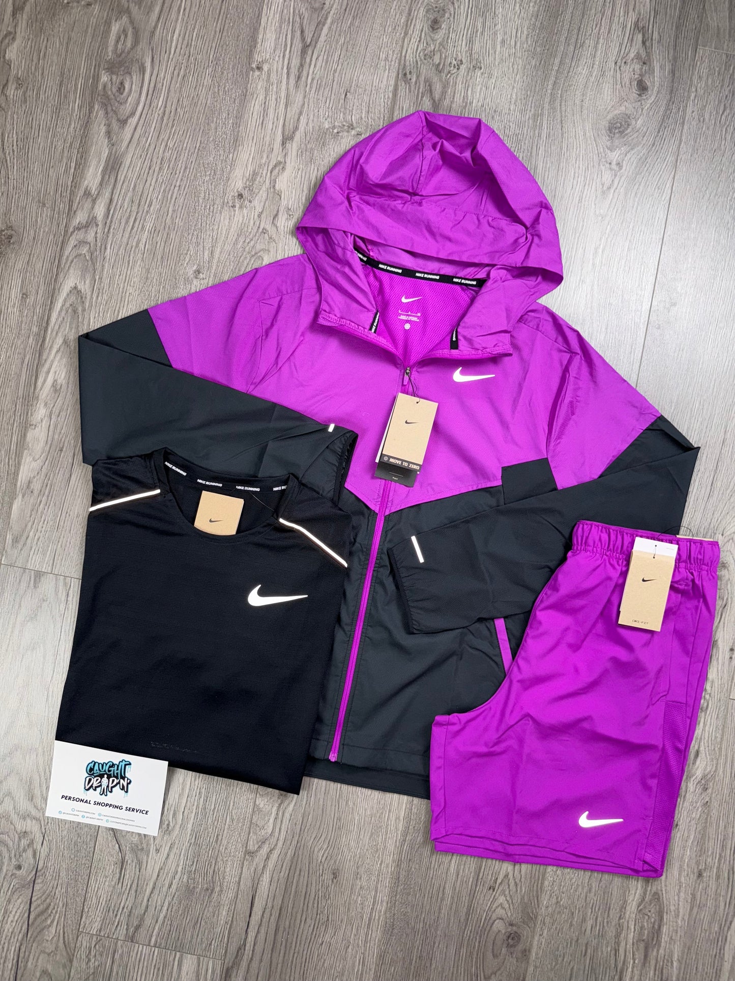 Nike 3 Piece Windrunner, Grape Purple Shorts | OG Black Miler Tee Set