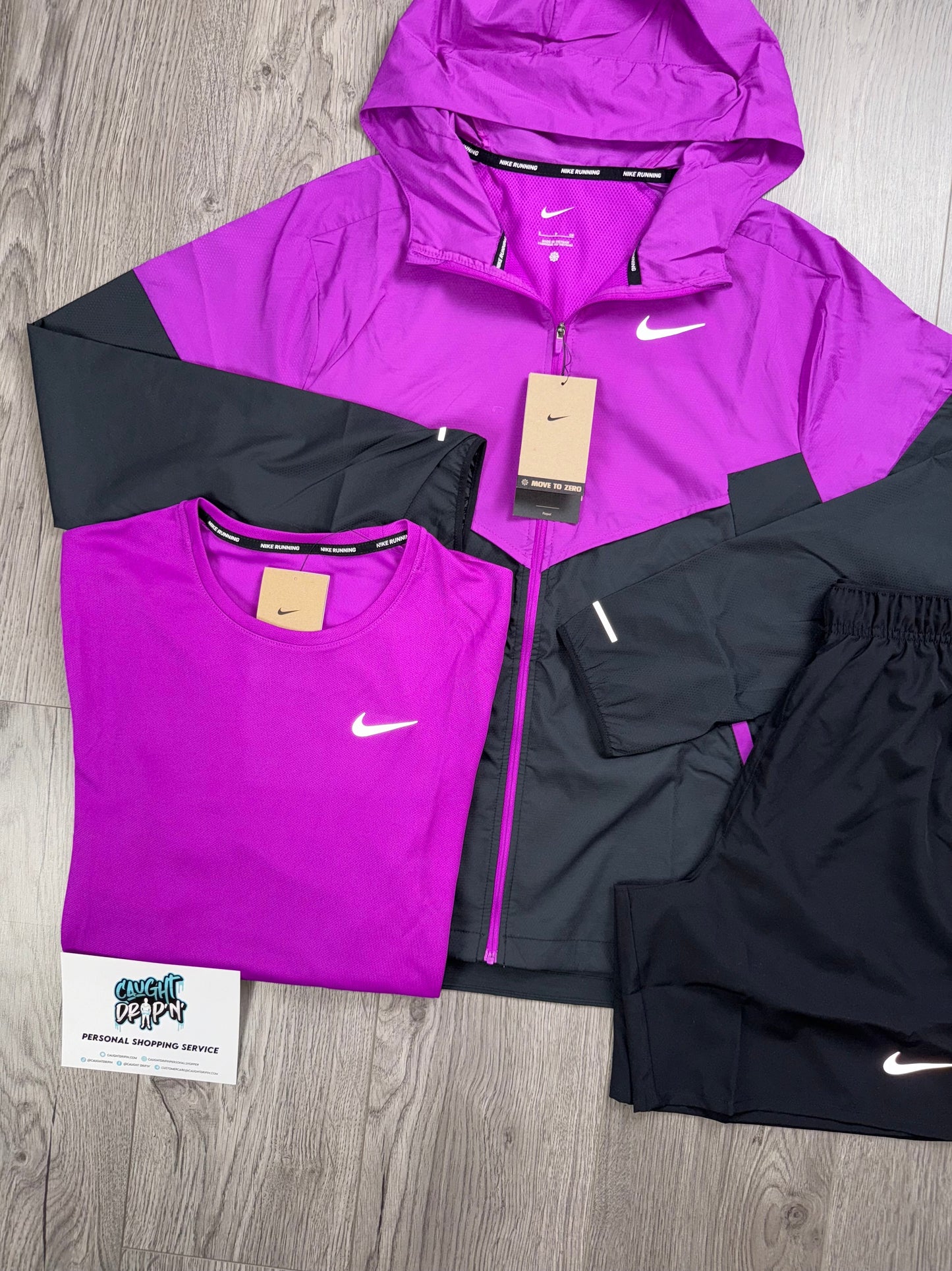 Nike 3 Piece Windrunner, Black Shorts | Grape Purple Miler Tee Set