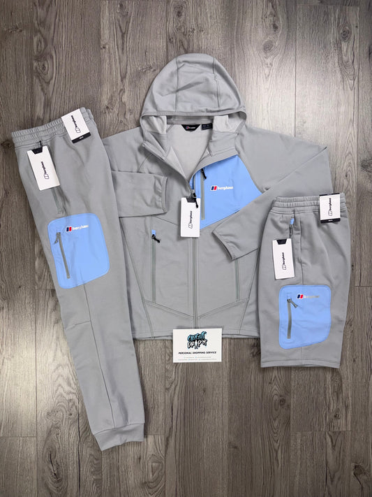 Berghaus 3 Piece Full Zip Light Grey, Baby Blue Tracksuit | Shorts Set