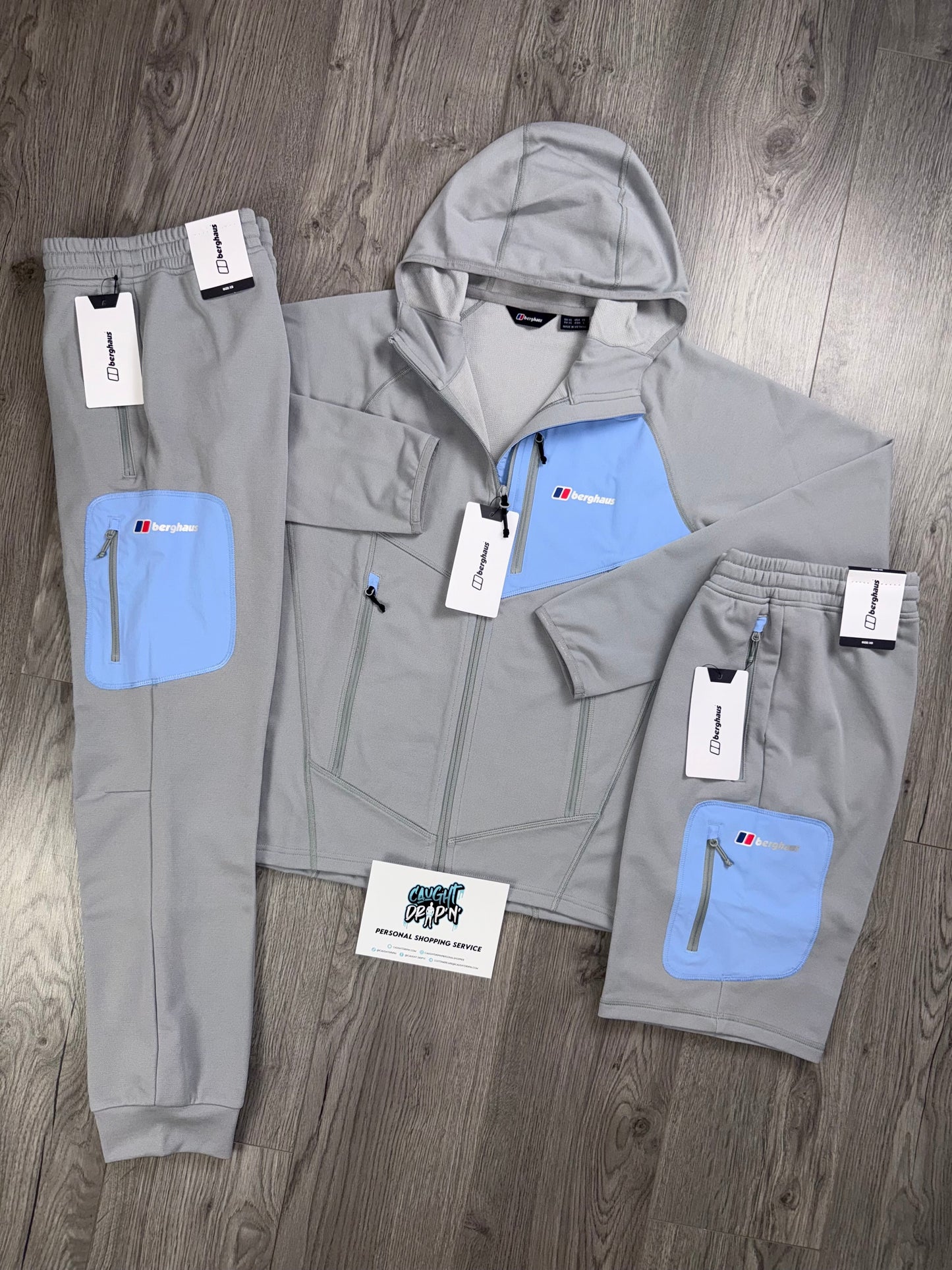 Berghaus 3 Piece Full Zip Light Grey, Baby Blue Tracksuit | Shorts Set