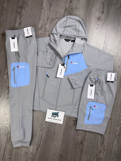 Berghaus 3 Piece Full Zip Light Grey, Baby Blue Tracksuit | Shorts Set