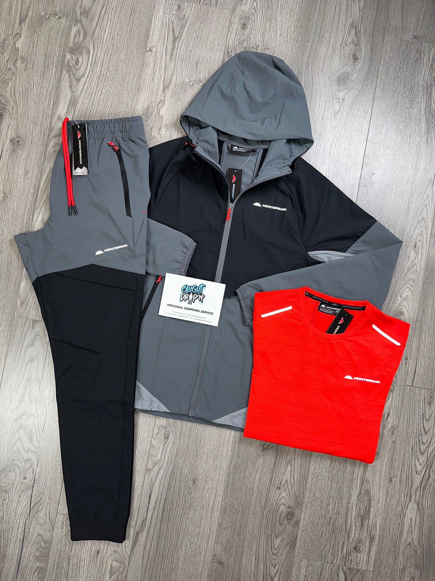 Monterrain 3 Piece Woven Jet Black, Cement Grey, Fiery Red Tracksuit