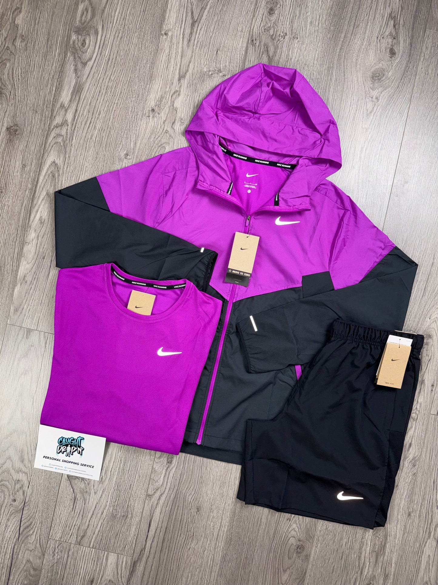 Nike 3 Piece Windrunner, Black Shorts | Grape Purple Miler Tee Set