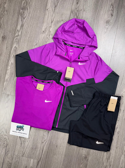 Nike 3 Piece Windrunner, Black Shorts | Grape Purple Miler Tee Set
