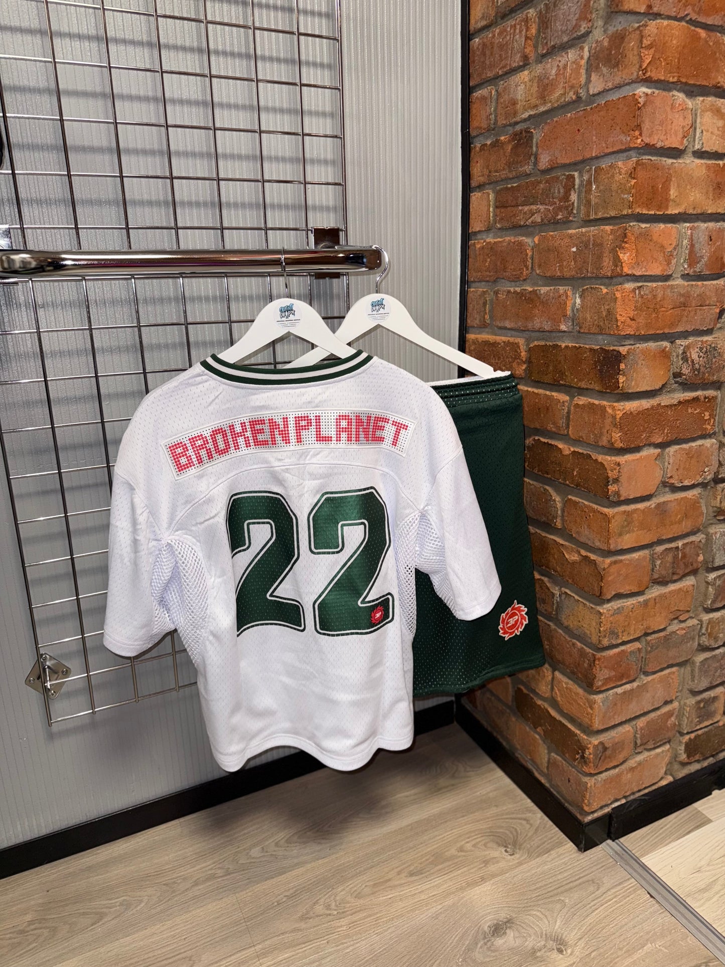 Broken Planet Mesh Football Jersey White | Emerald Green Set (REVERSIBLE Shorts)