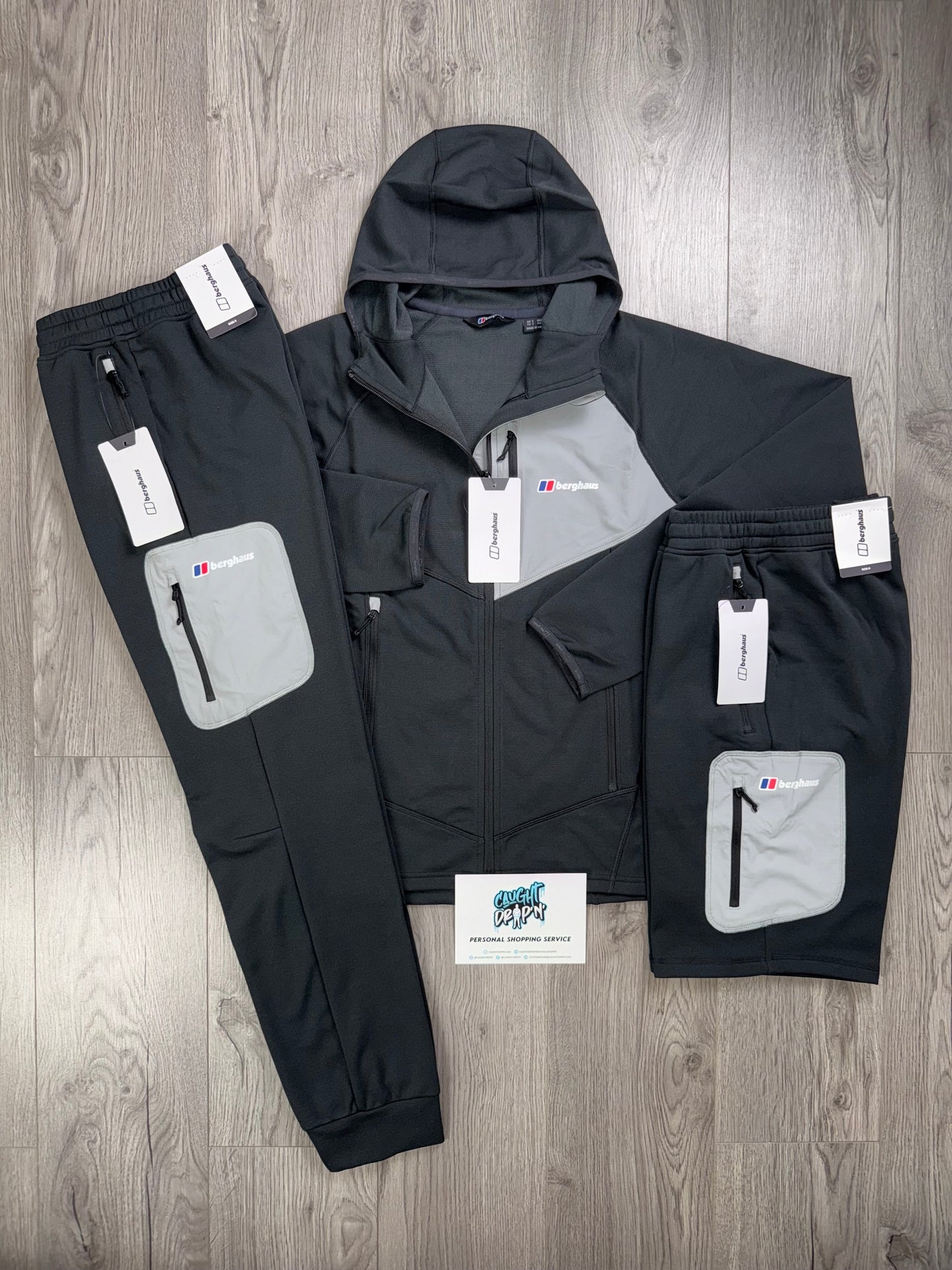 Berghaus 3 Piece Full Zip Black, Light Grey Tracksuit | Shorts Set