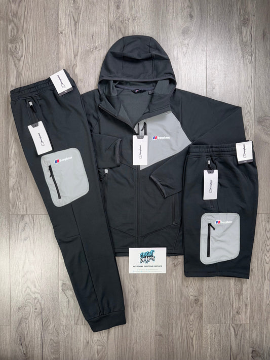Berghaus 3 Piece Full Zip Black, Light Grey Tracksuit | Shorts Set