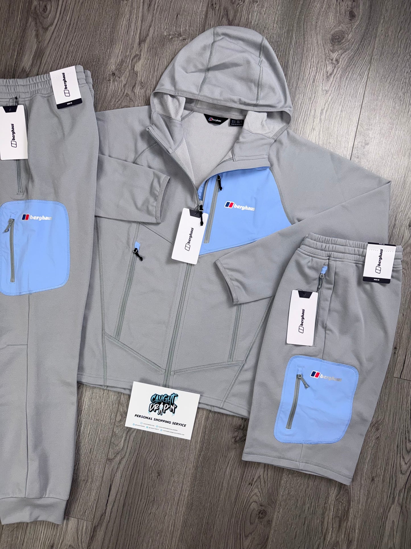 Berghaus 3 Piece Full Zip Light Grey, Baby Blue Tracksuit | Shorts Set