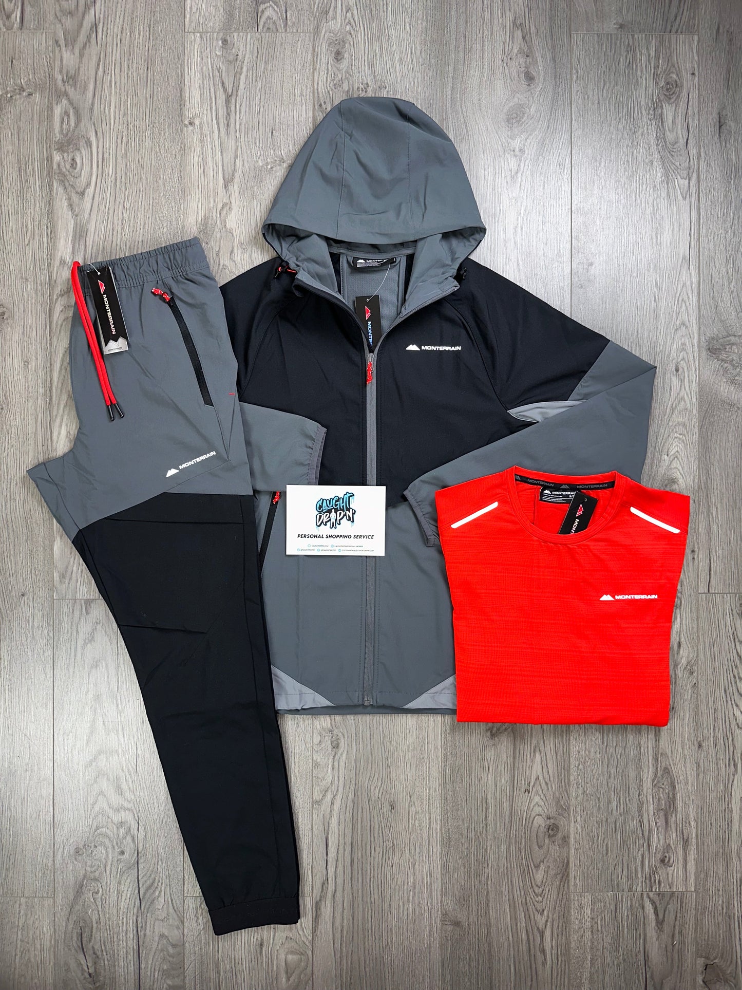 Monterrain 3 Piece Woven Jet Black, Cement Grey, Fiery Red Tracksuit