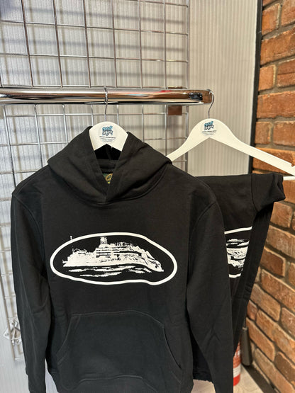 Corteiz Alcatraz White Logo, Black Full Tracksuit