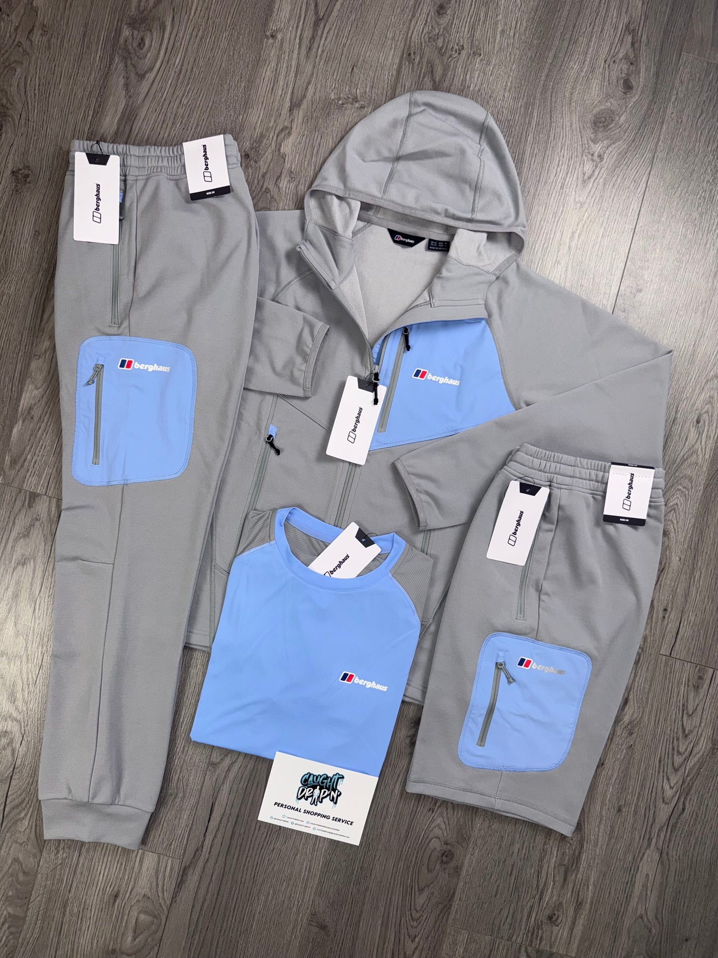 Berghaus 4 Piece Full Zip Light Grey, Baby Blue Tracksuit | Shorts Set